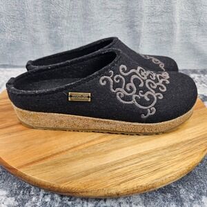 Haflinger Grizzly Clogs Women 38 US 7 Black Wool Embroidered Slippers Slip On